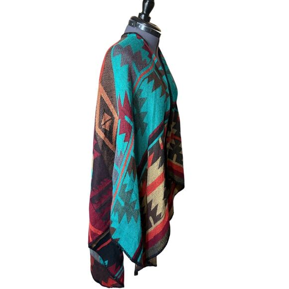 Southwestern Inspired Poncho / Cape Teal Brown Red Tribal Print Western Style OS - Picture 4 of 4